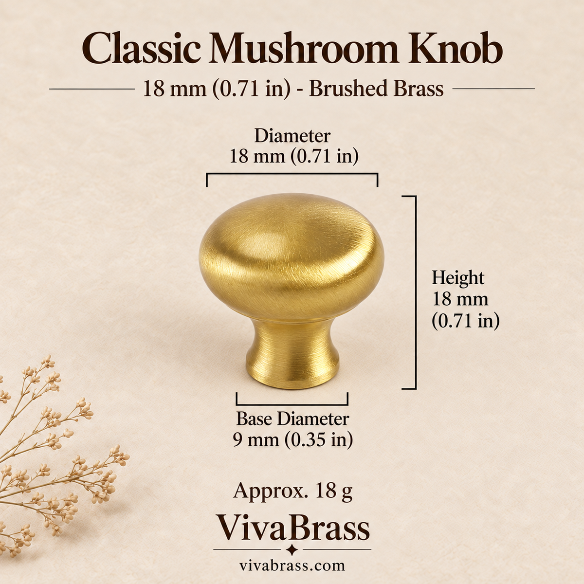 Classic 18 mm (0.71 in) - Brushed Brass – solid brass mushroom knob by VivaBrass