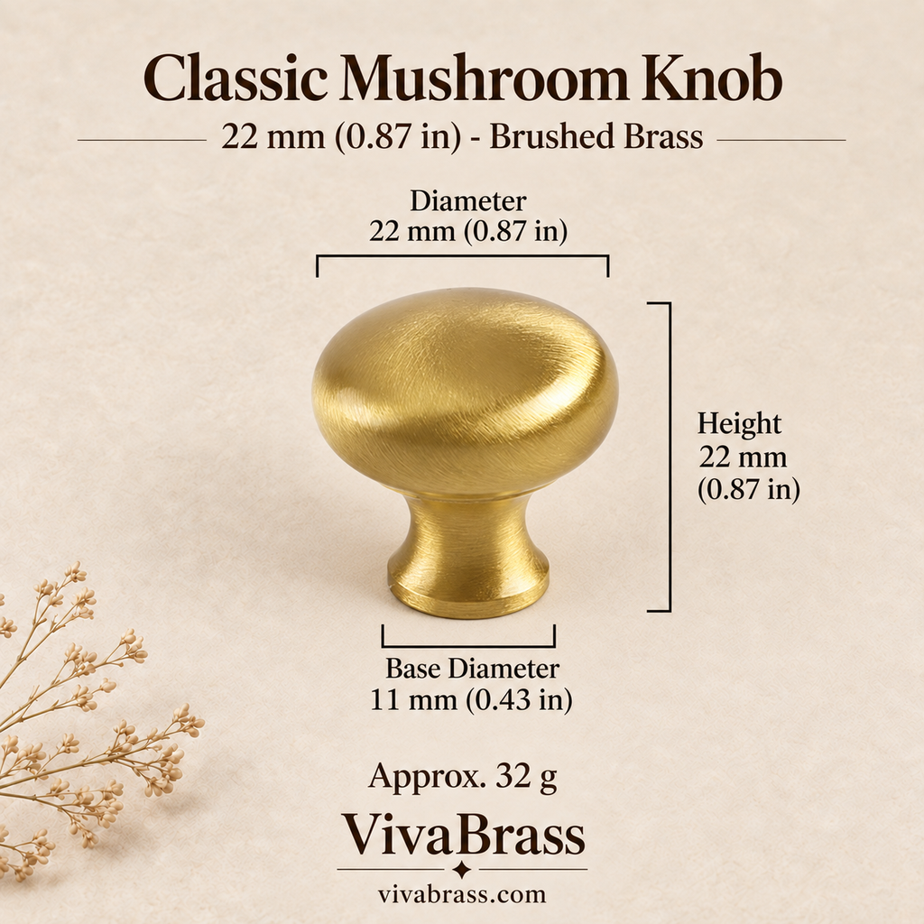 Classic 22 mm (0.87 in) - Brushed Brass – solid brass mushroom knob by VivaBrass