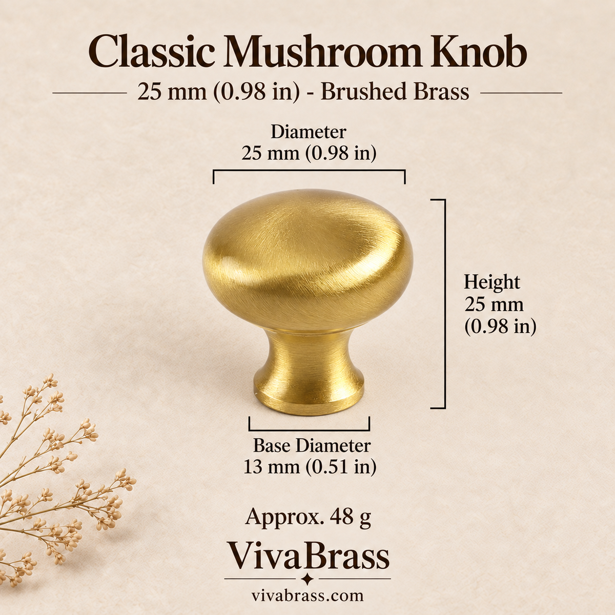 Classic 25 mm (0.98 in) - Brushed Brass – solid brass mushroom knob by VivaBrass