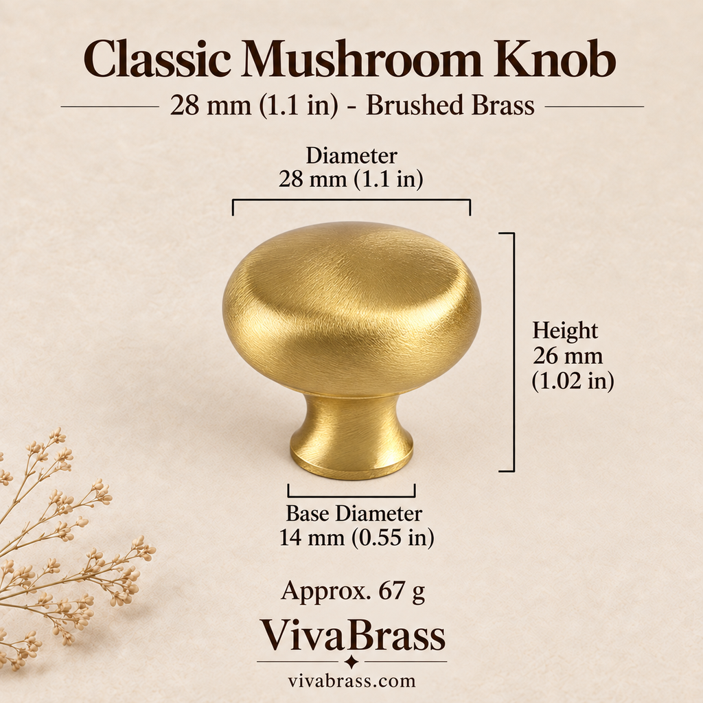 Classic 28 mm (1.1 in) - Brushed Brass – solid brass mushroom knob by VivaBrass
