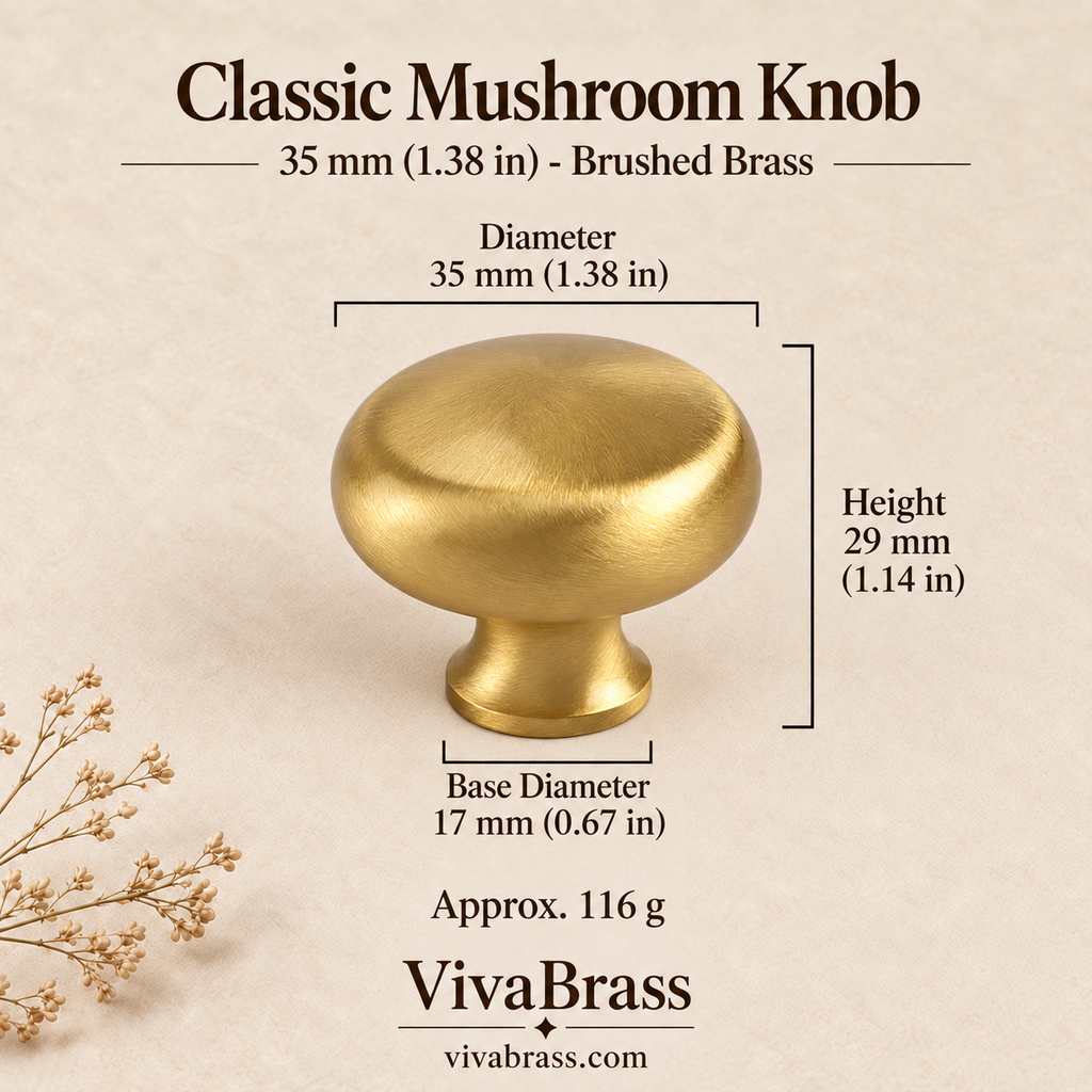 Classic 35 mm (1.38 in) - Brushed Brass – solid brass mushroom knob by VivaBrass