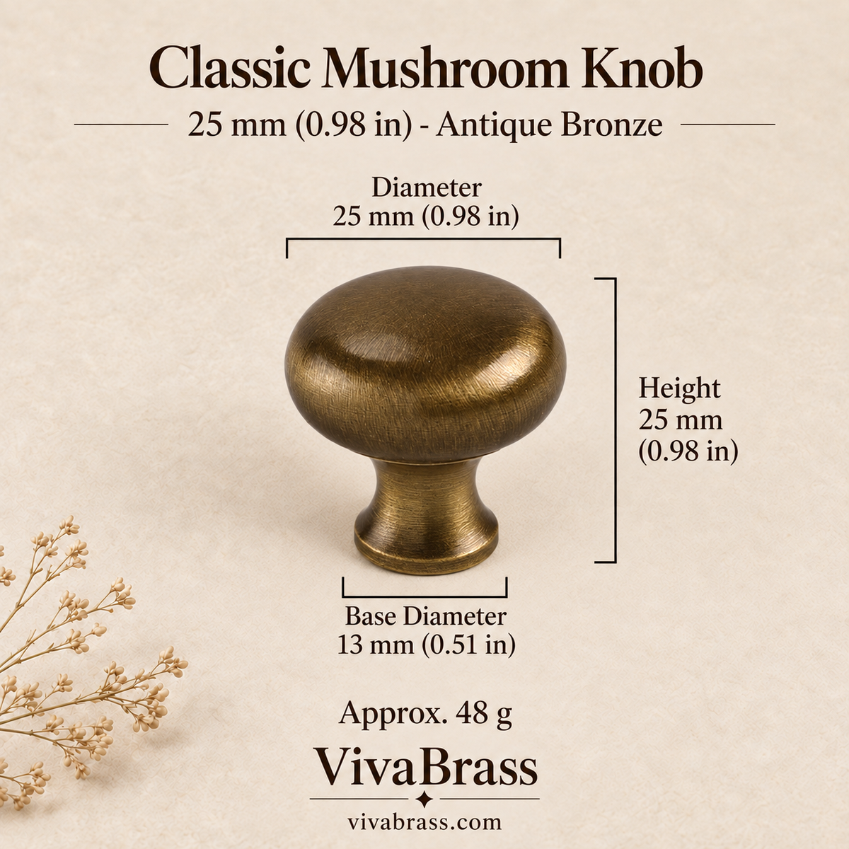 Classic 25 mm (0.98 in) - Antique Bronze – solid brass mushroom knob by VivaBrass