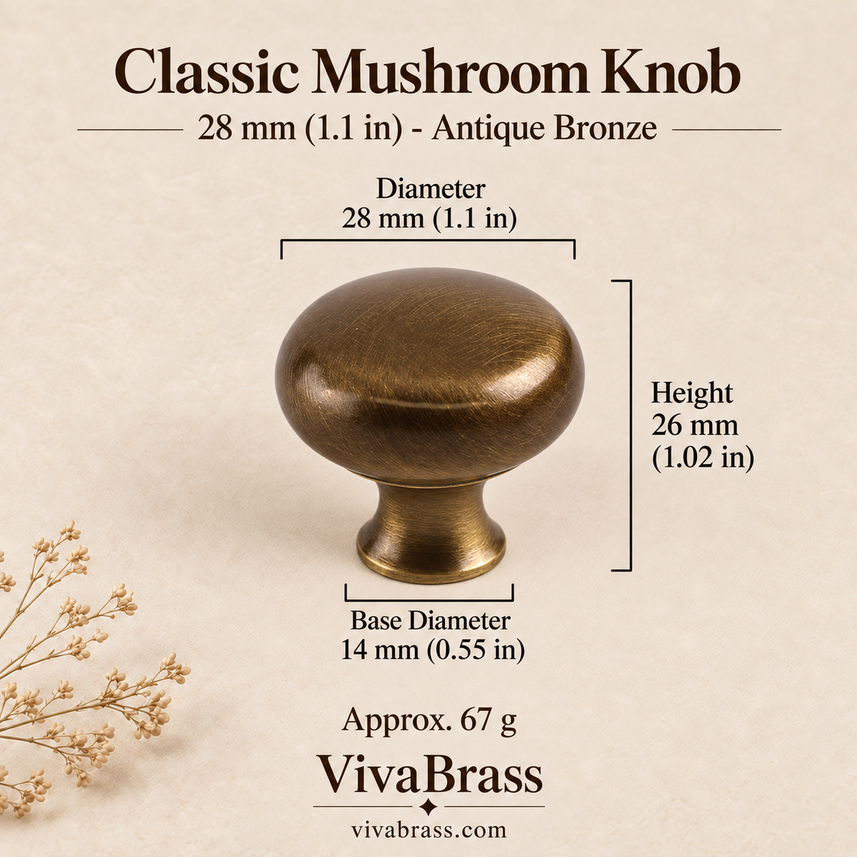 Classic 28 mm (1.1 in) - Antique Bronze – solid brass mushroom knob by VivaBrass