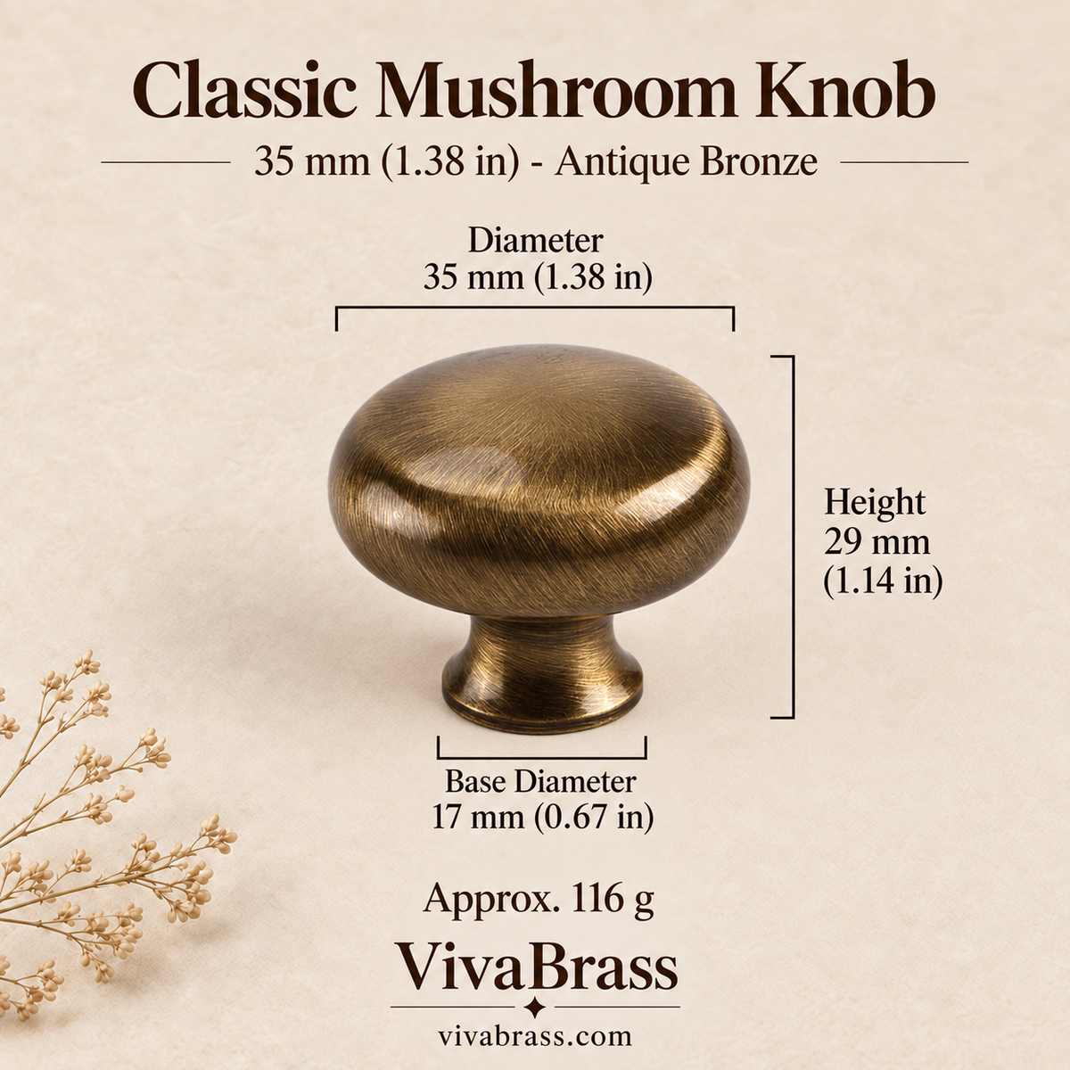 Classic 35 mm (1.38 in) - Antique Bronze – solid brass mushroom knob by VivaBrass