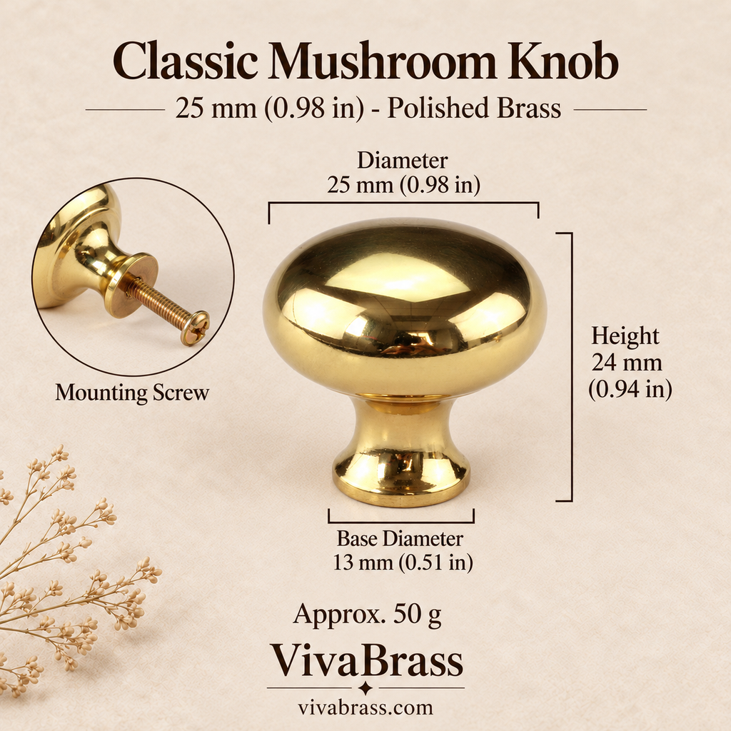 Classic 25 mm (0.98 in) - Polished Brass – solid brass mushroom knob by VivaBrass
