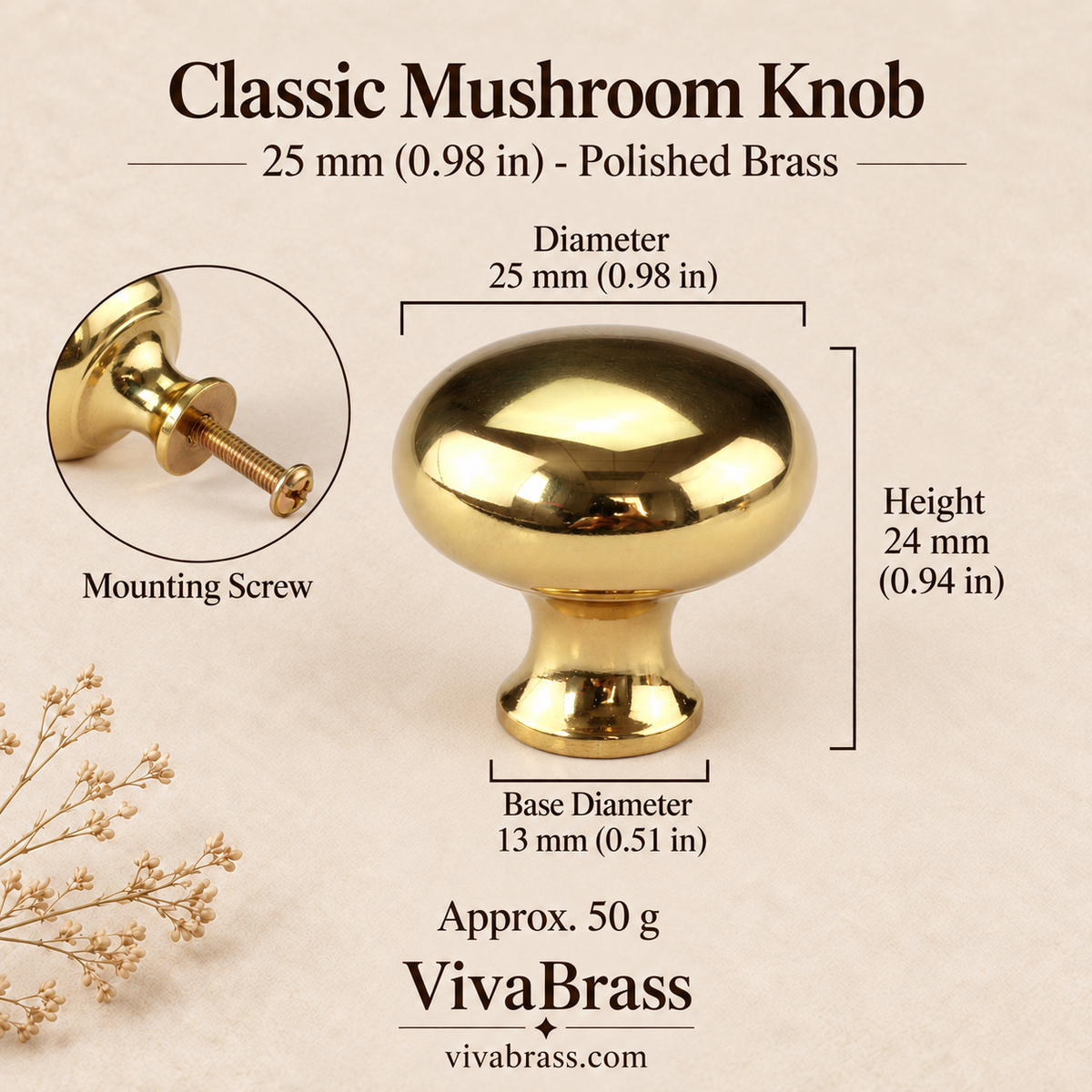 Classic 25 mm (0.98 in) - Polished Brass – solid brass mushroom knob by VivaBrass