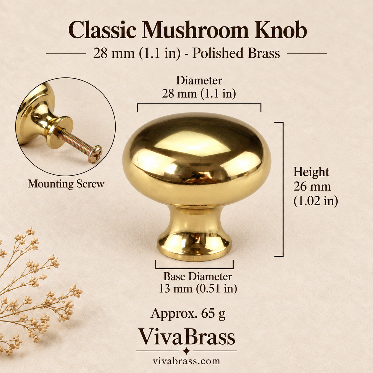 Classic 28 mm (1.1 in) - Polished Brass – solid brass mushroom knob by VivaBrass
