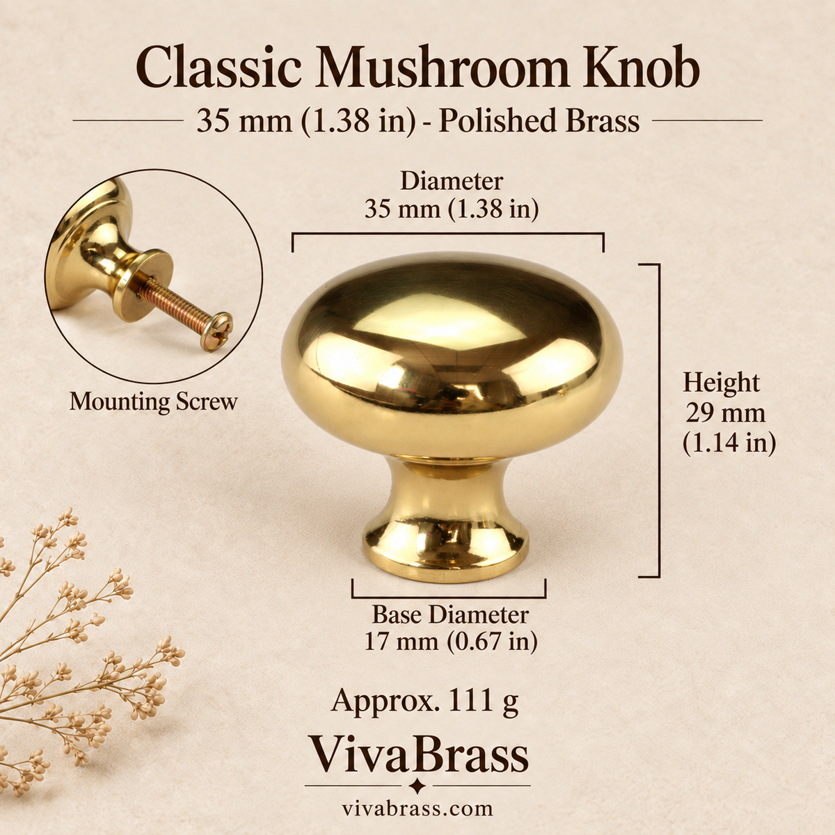 Classic 35 mm (1.38 in) - Polished Brass – solid brass mushroom knob by VivaBrass