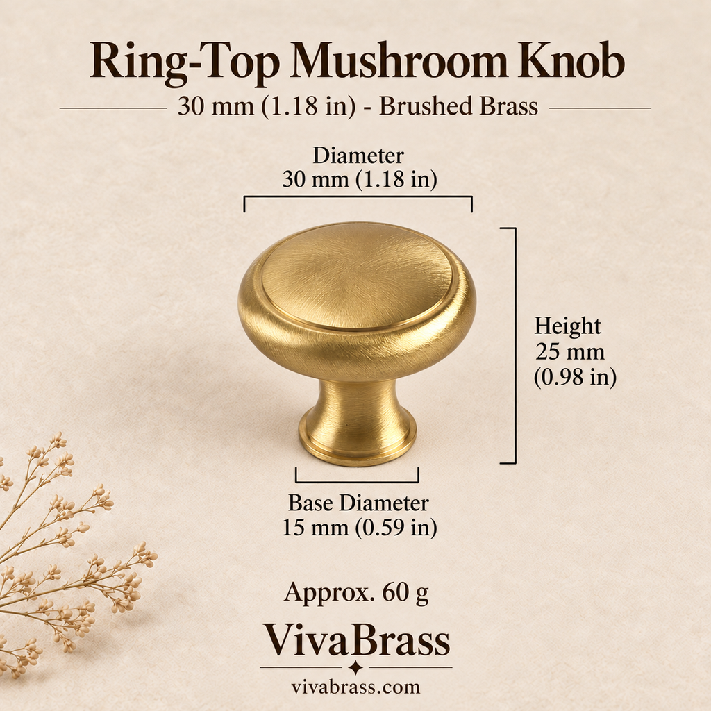 Ring-Top 30 mm (1.18 in) - Brushed Brass – solid brass mushroom knob by VivaBrass