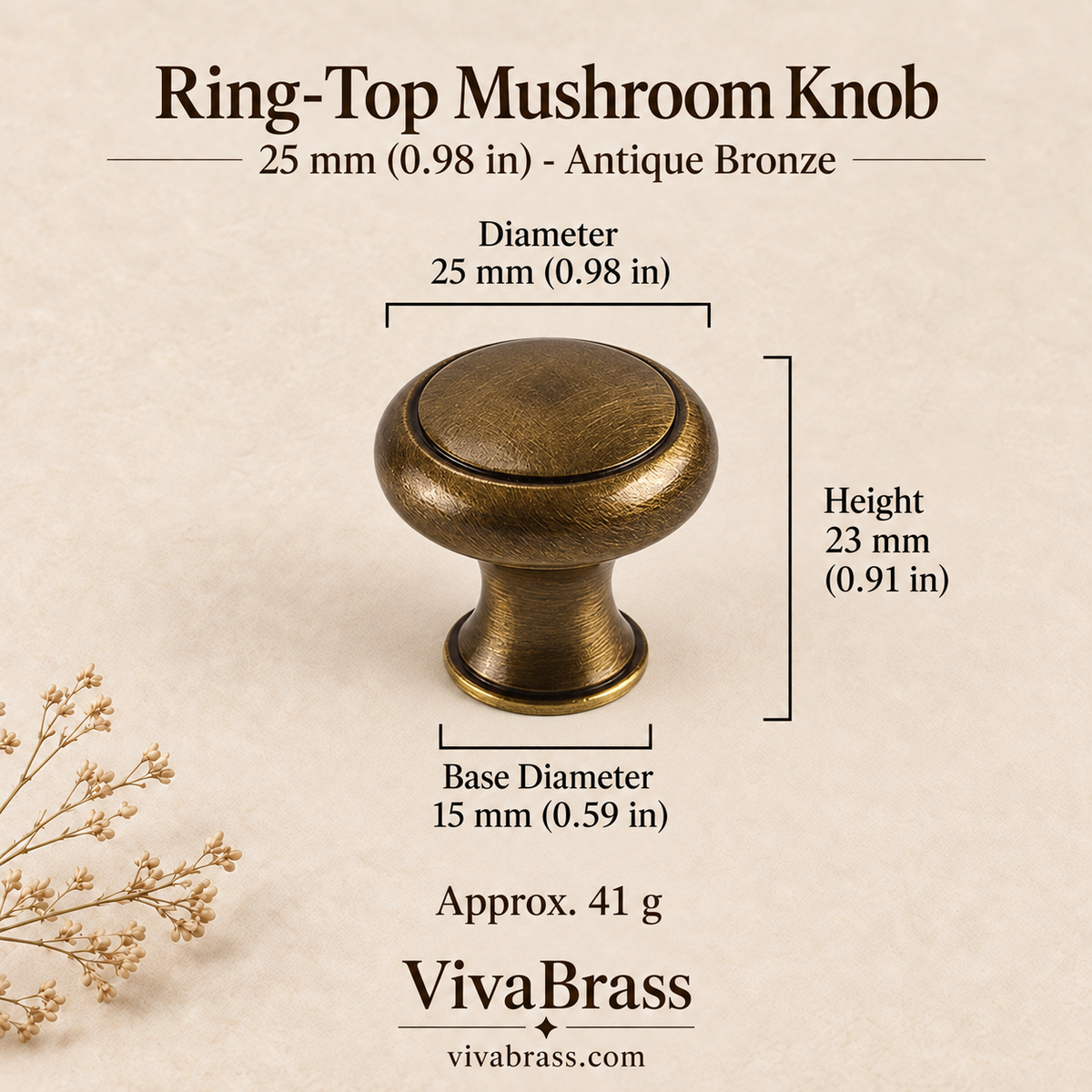 Ring-Top 25 mm (0.98 in) - Antique Bronze – solid brass mushroom knob by VivaBrass