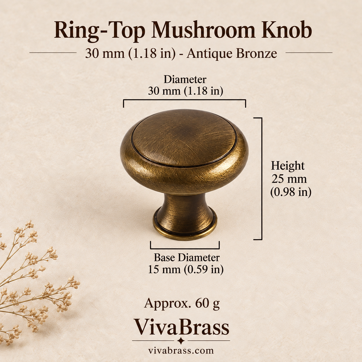 Ring-Top 30 mm (1.18 in) - Antique Bronze – solid brass mushroom knob by VivaBrass