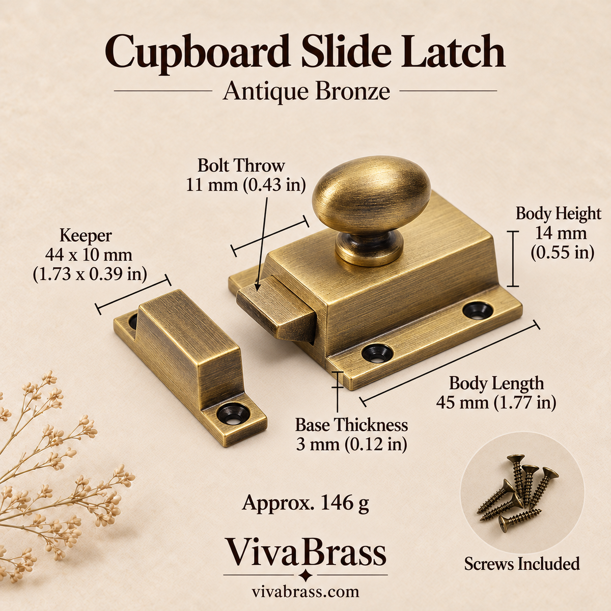 Antique Bronze – solid brass slide latch by VivaBrass