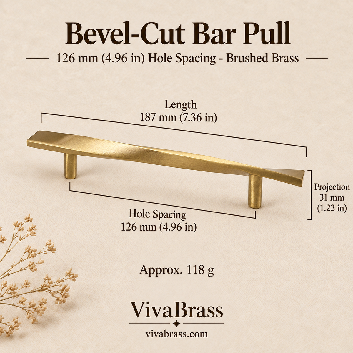 Bar Pull 126 mm Hole Spacing - Brushed Brass – bevel-cut brass pull by VivaBrass