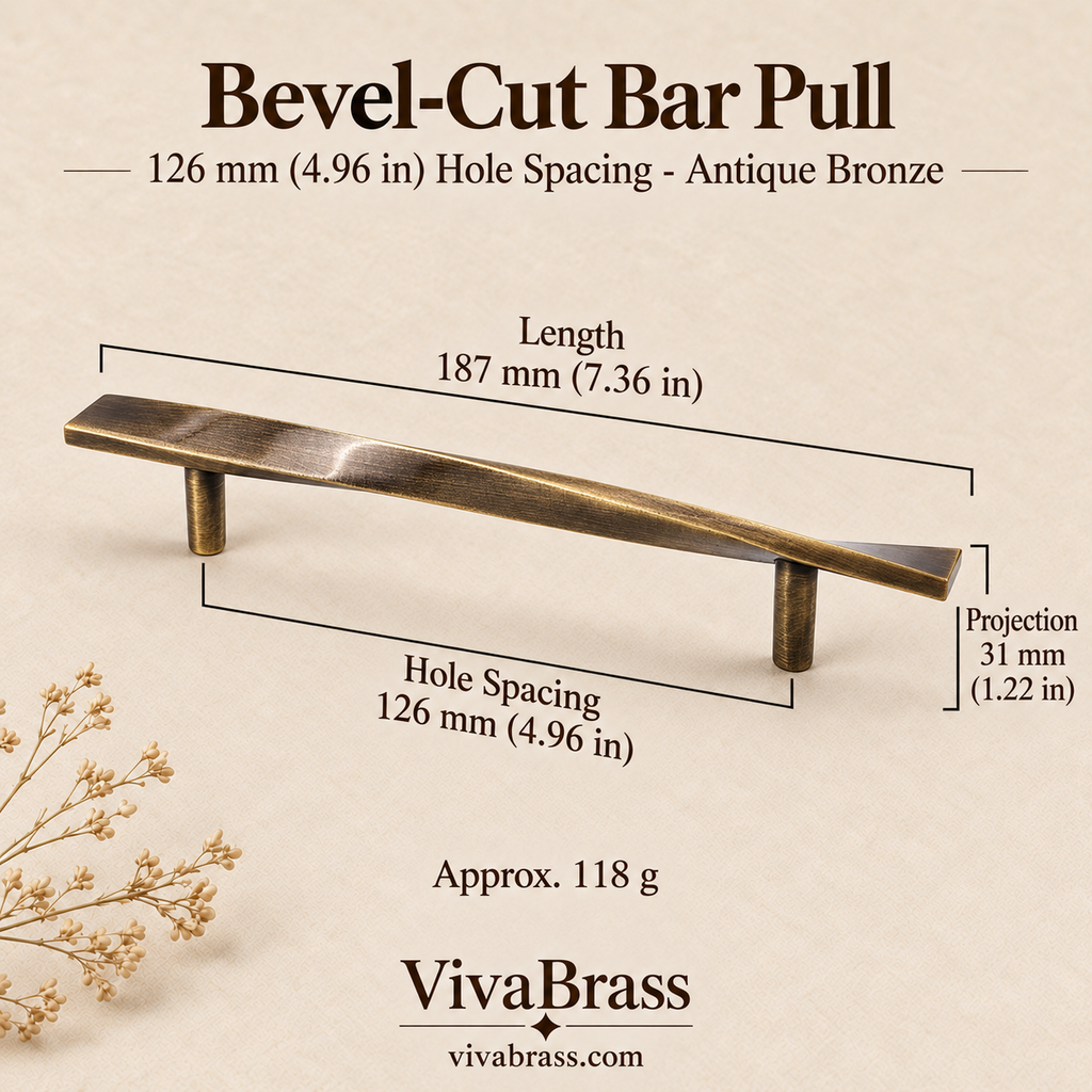 Bar Pull 126 mm Hole Spacing - Antique Bronze – bevel-cut brass pull by VivaBrass