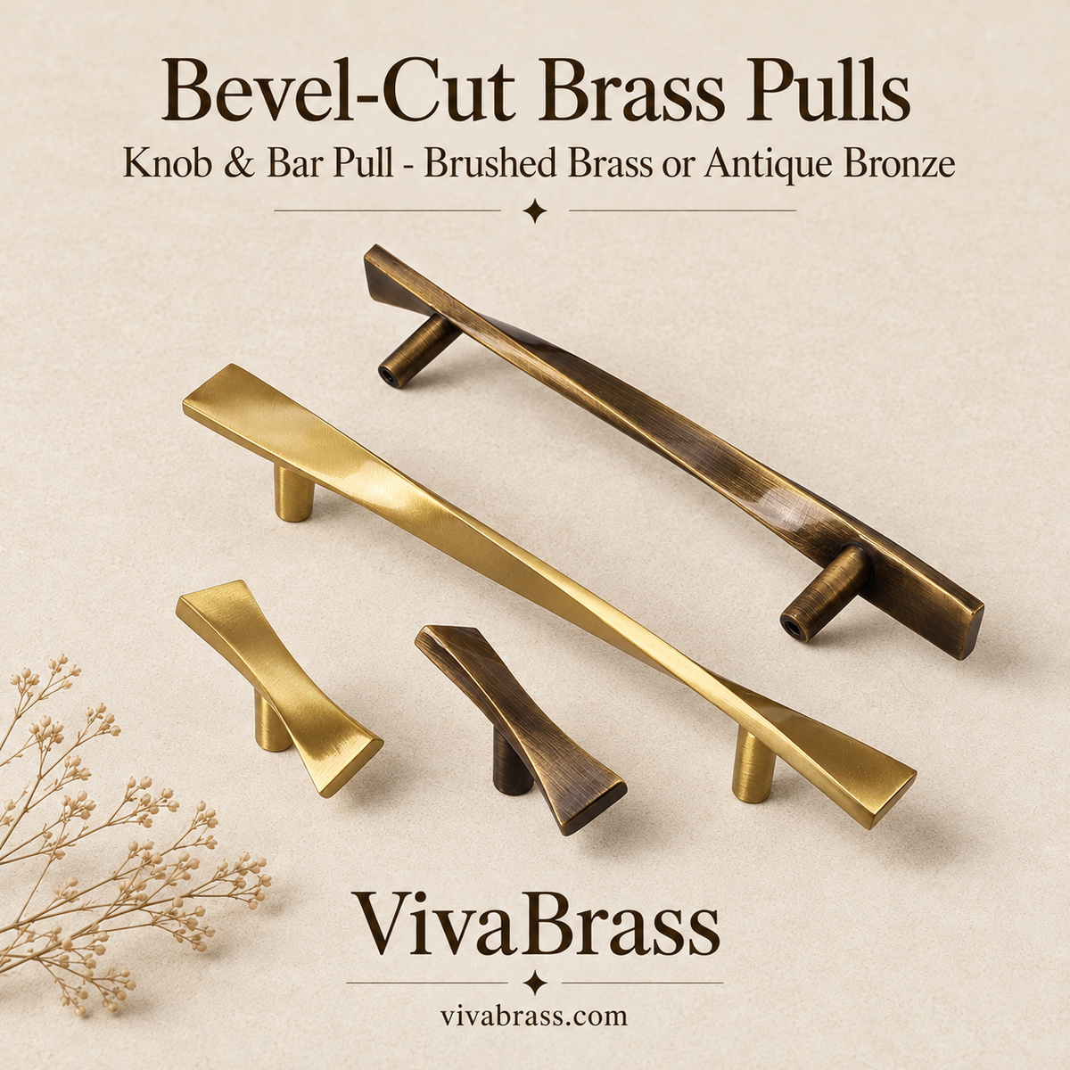 VivaBrass bevel-cut solid brass knob and bar pull (1)