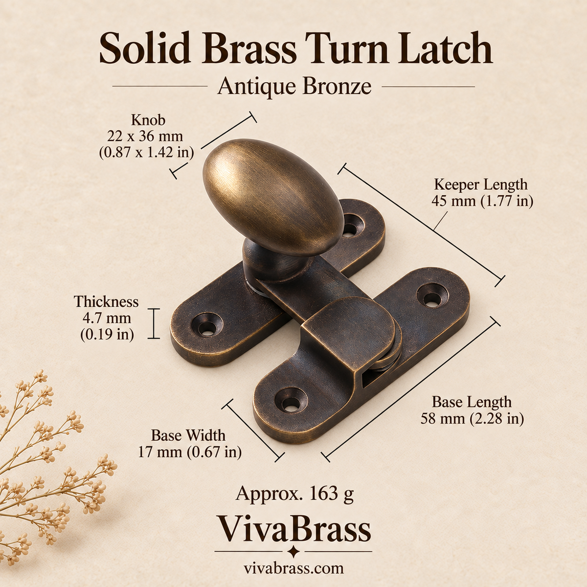 Antique Bronze – solid brass turn latch by VivaBrass