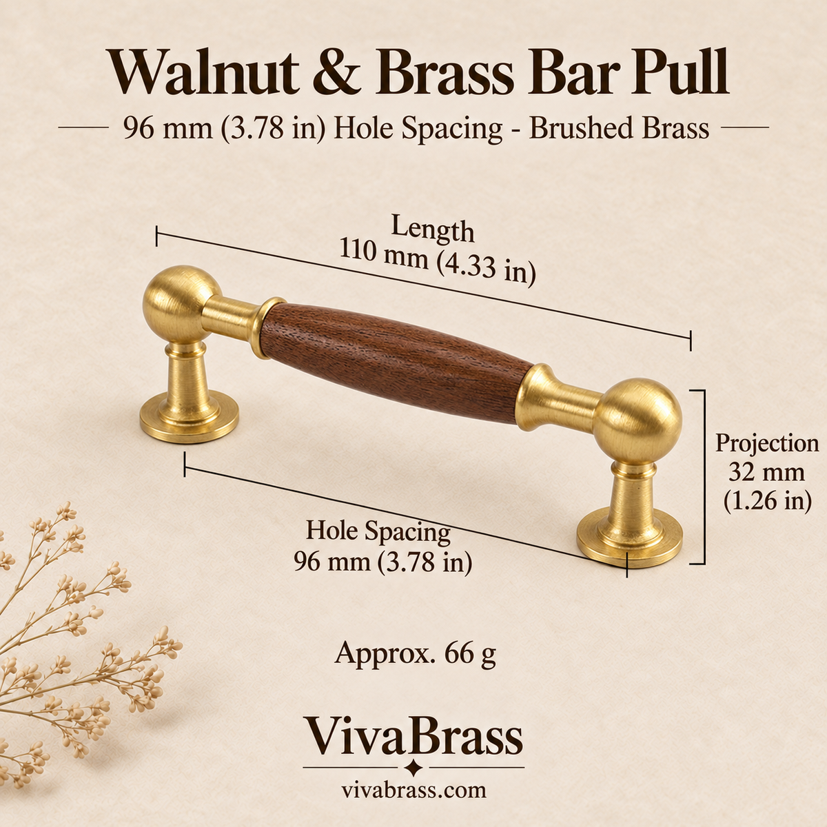 96 mm Hole Spacing - Brushed Brass – walnut and brass bar pull by VivaBrass