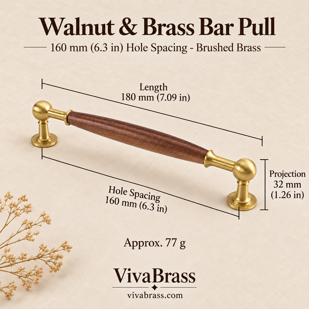 160 mm Hole Spacing - Brushed Brass – walnut and brass bar pull by VivaBrass