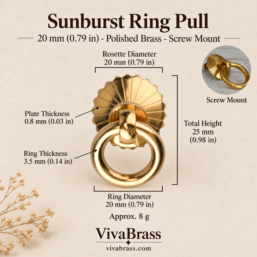 Sunburst 20 mm - Polished Brass - Screw Mount – solid brass ring pull by VivaBrass