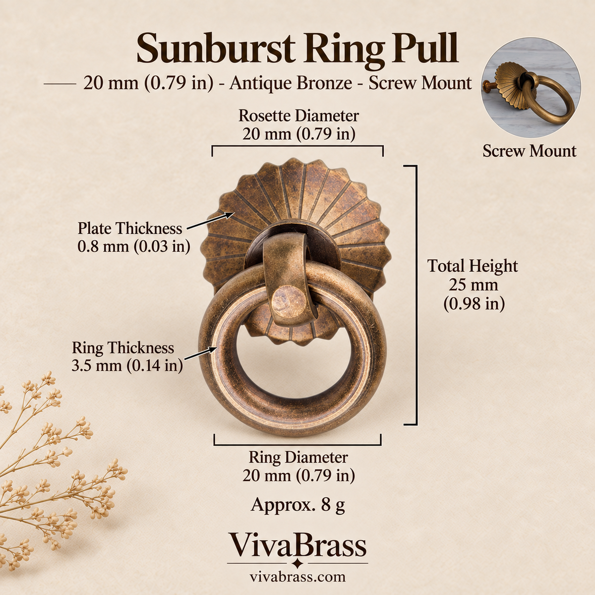 Sunburst 20 mm - Antique Bronze - Screw Mount – solid brass ring pull by VivaBrass