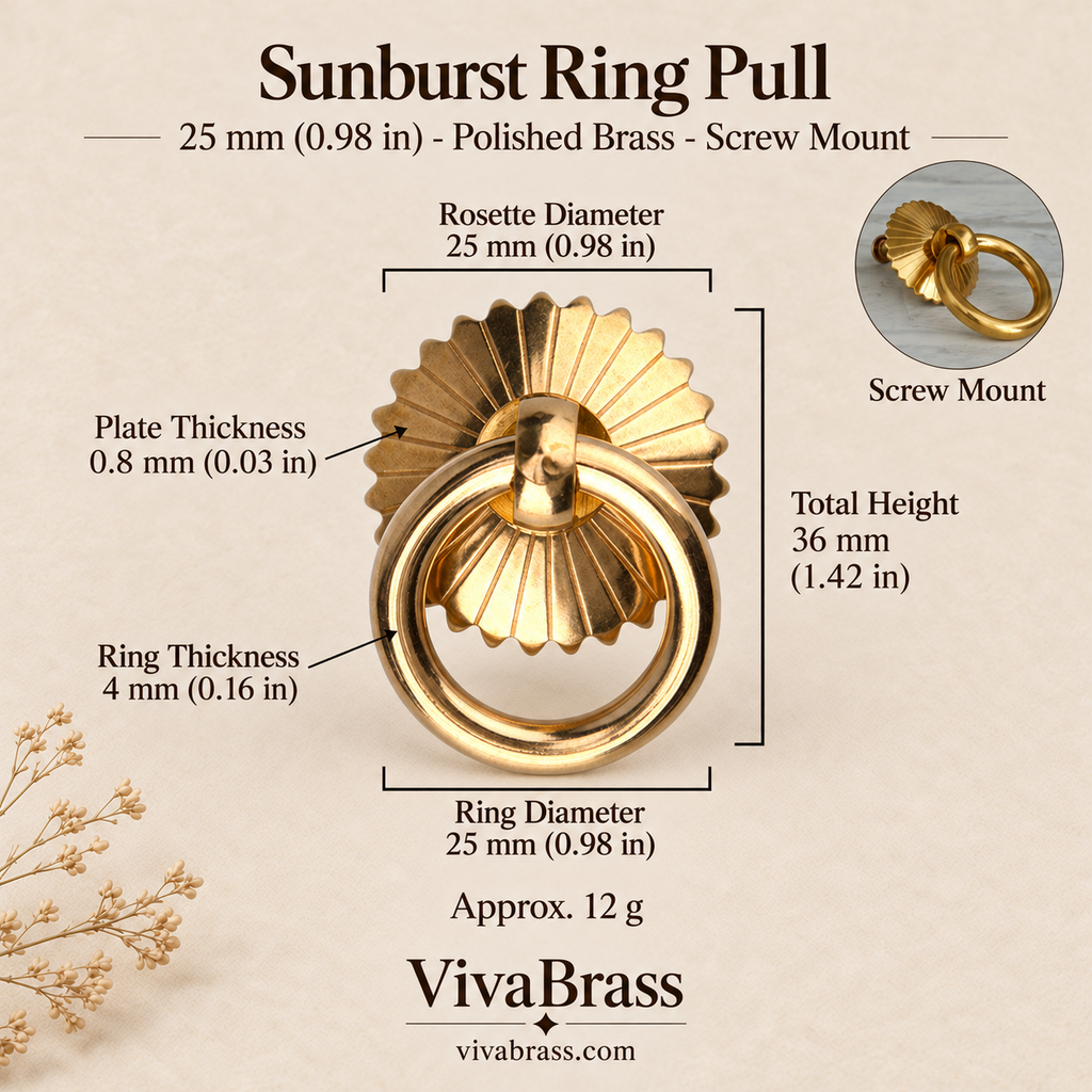 Sunburst 25 mm - Polished Brass - Screw Mount – solid brass ring pull by VivaBrass