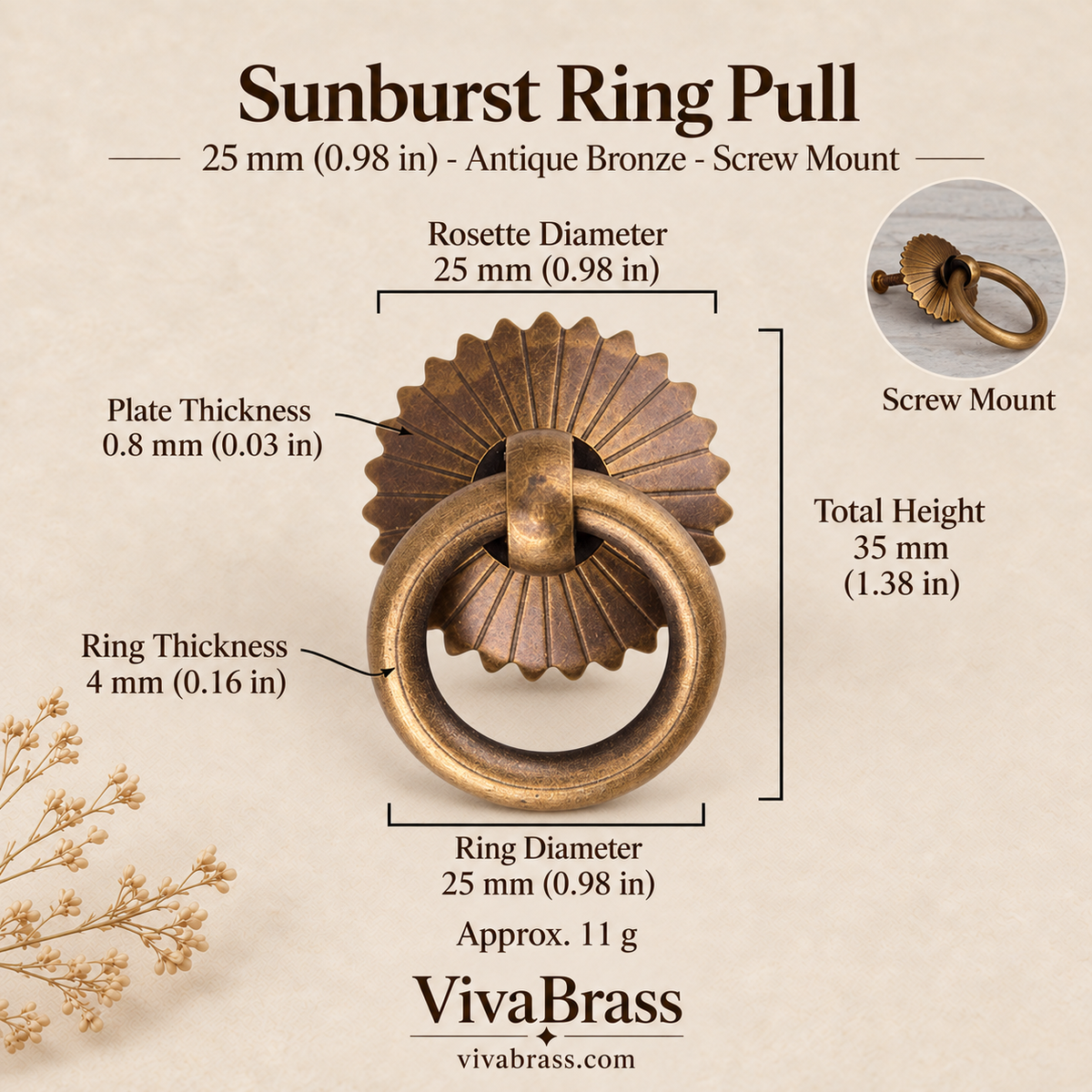 Sunburst 25 mm - Antique Bronze - Screw Mount – solid brass ring pull by VivaBrass