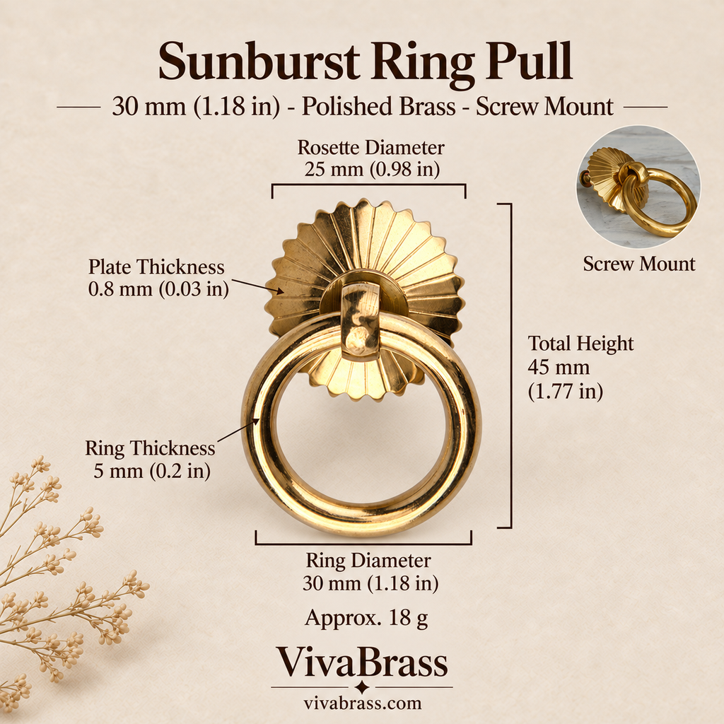 Sunburst 30 mm - Polished Brass - Screw Mount – solid brass ring pull by VivaBrass