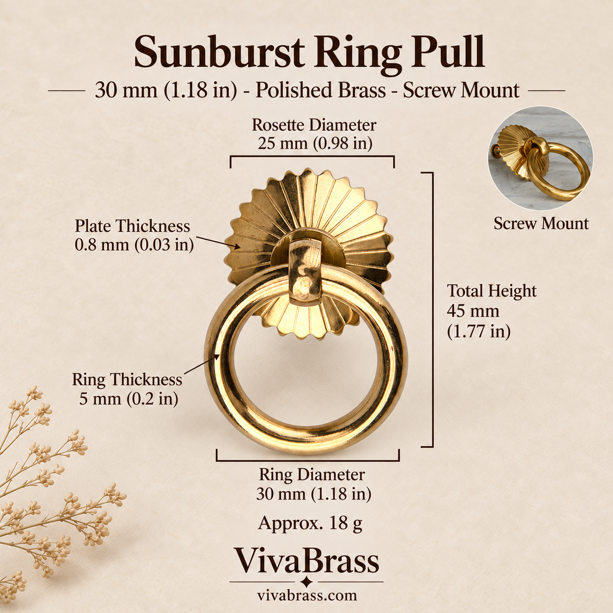 Sunburst 30 mm - Polished Brass - Screw Mount – solid brass ring pull by VivaBrass