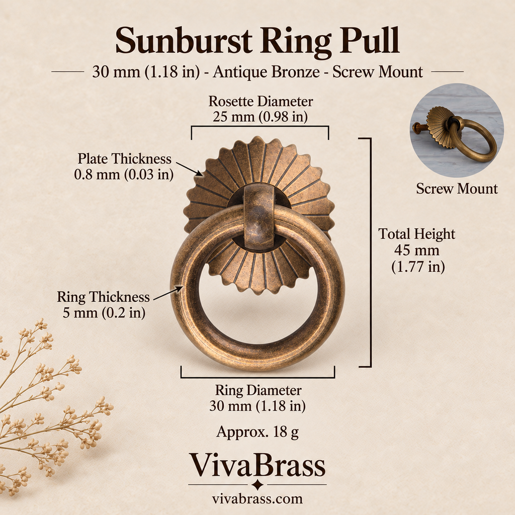 Sunburst 30 mm - Antique Bronze - Screw Mount – solid brass ring pull by VivaBrass