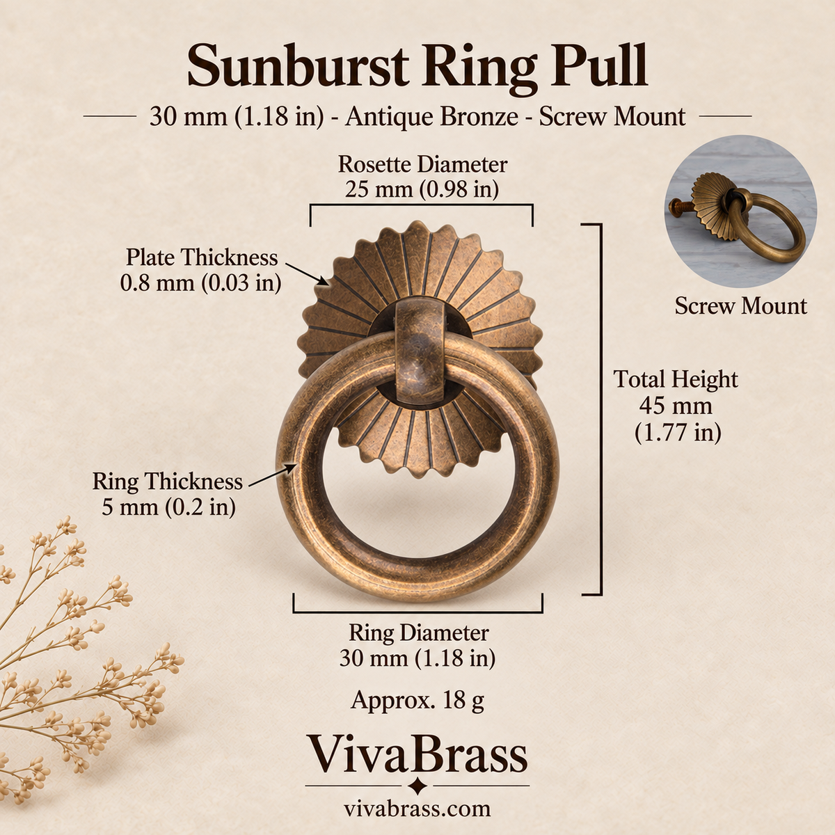 Sunburst 30 mm - Antique Bronze - Screw Mount – solid brass ring pull by VivaBrass