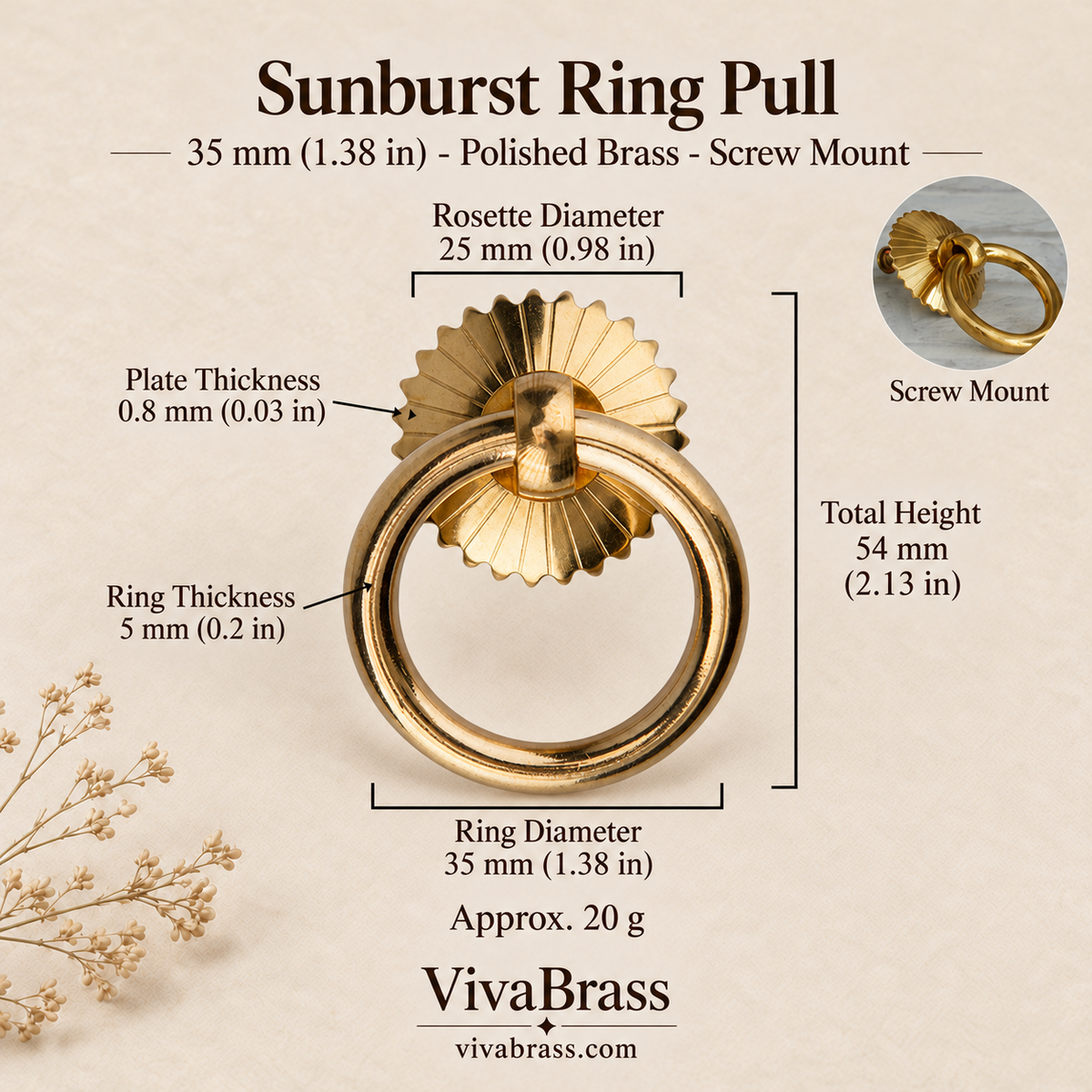 Sunburst 35 mm - Polished Brass - Screw Mount – solid brass ring pull by VivaBrass