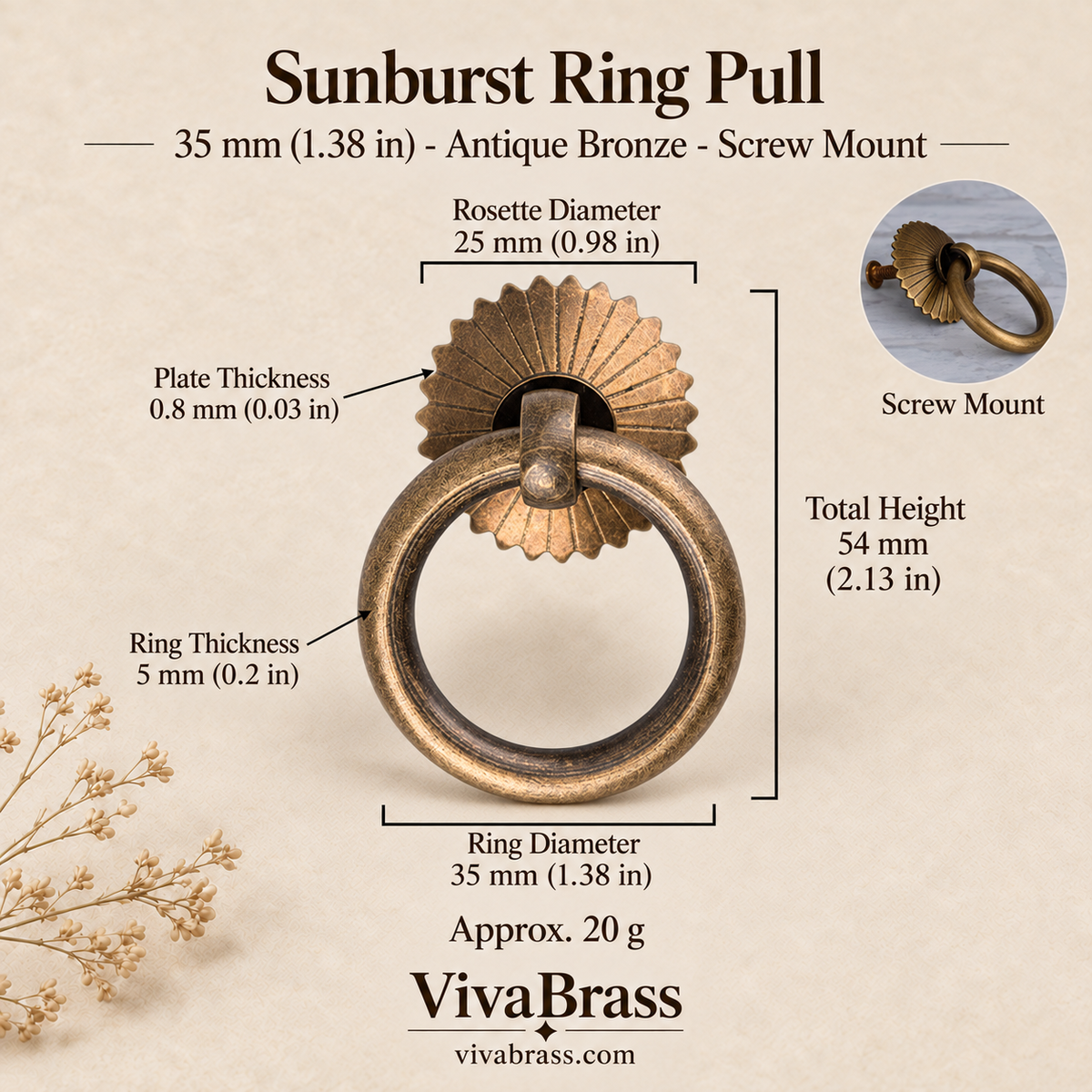 Sunburst 35 mm - Antique Bronze - Screw Mount – solid brass ring pull by VivaBrass