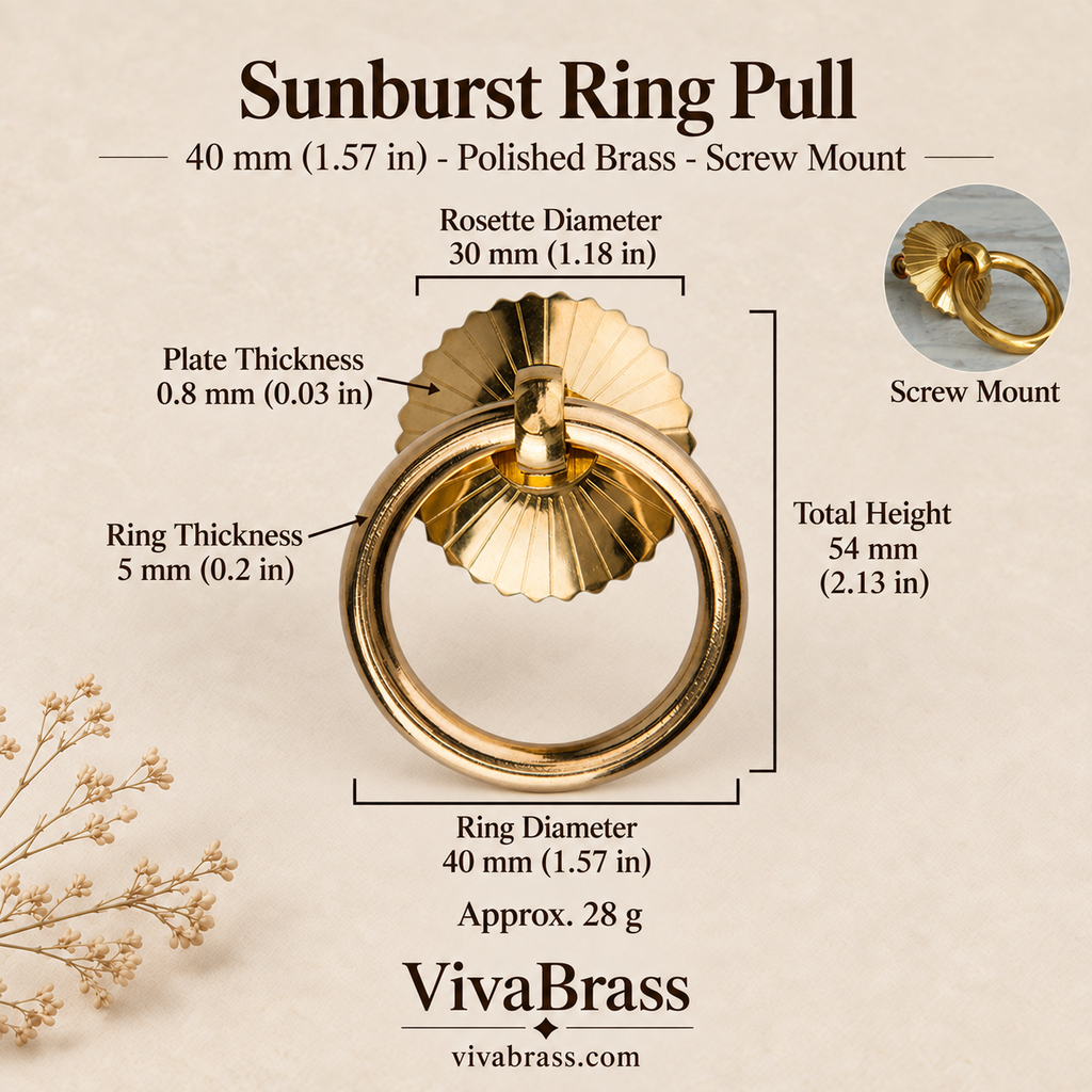 Sunburst 40 mm - Polished Brass - Screw Mount – solid brass ring pull by VivaBrass