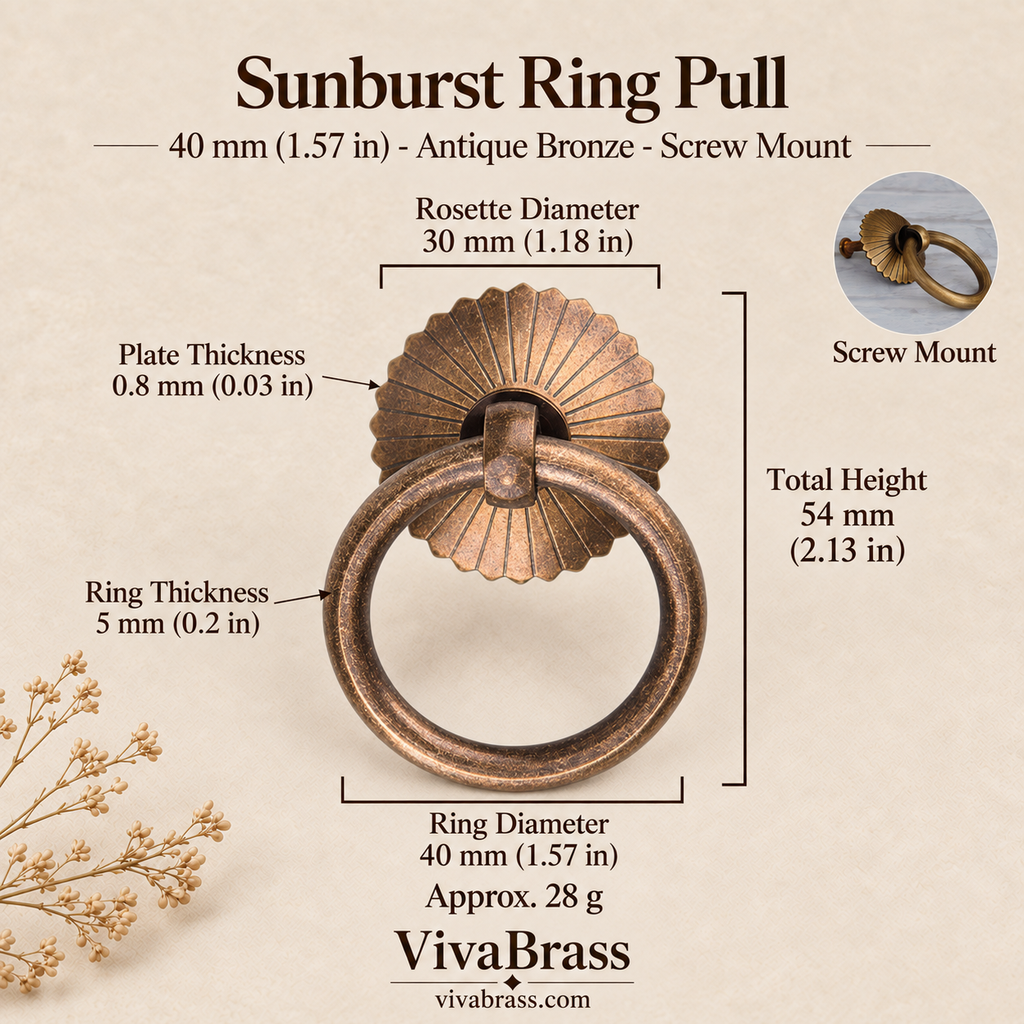 Sunburst 40 mm - Antique Bronze - Screw Mount – solid brass ring pull by VivaBrass