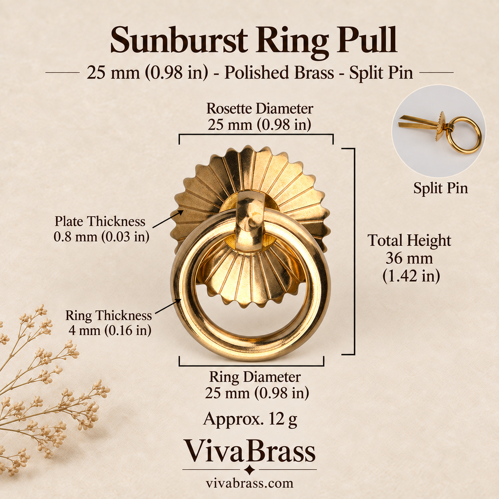 Sunburst 25 mm - Polished Brass - Split Pin – solid brass ring pull by VivaBrass