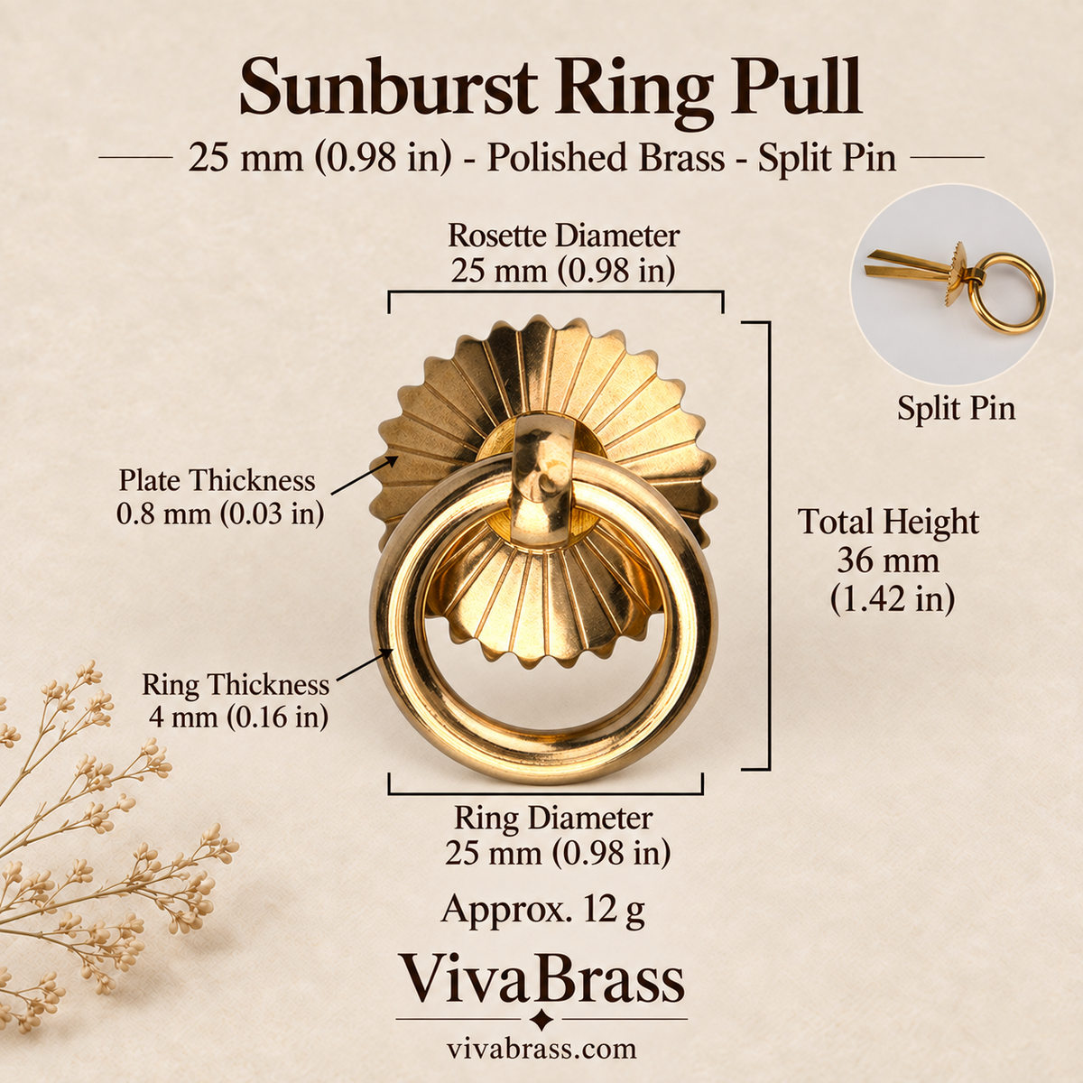 Sunburst 25 mm - Polished Brass - Split Pin – solid brass ring pull by VivaBrass