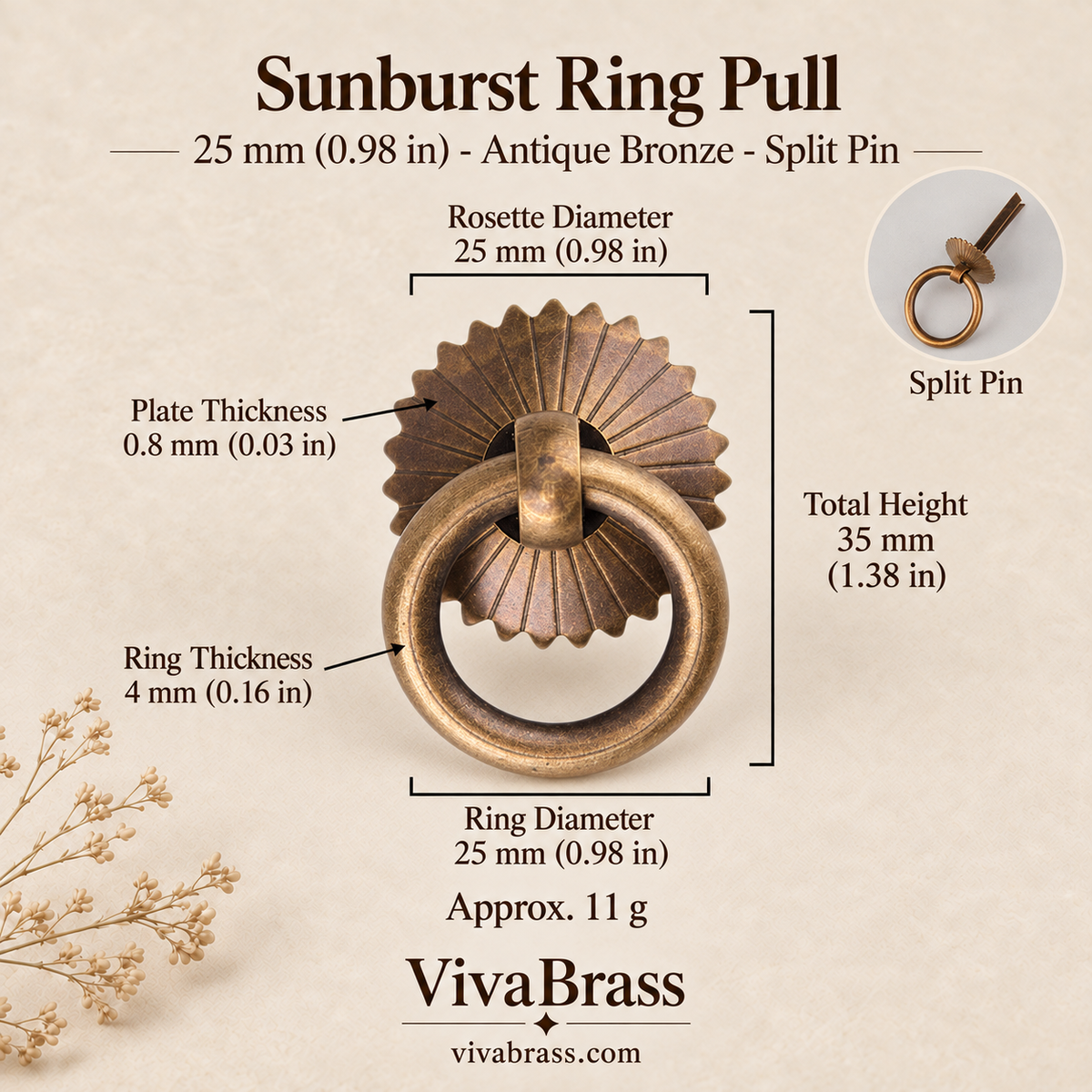 Sunburst 25 mm - Antique Bronze - Split Pin – solid brass ring pull by VivaBrass