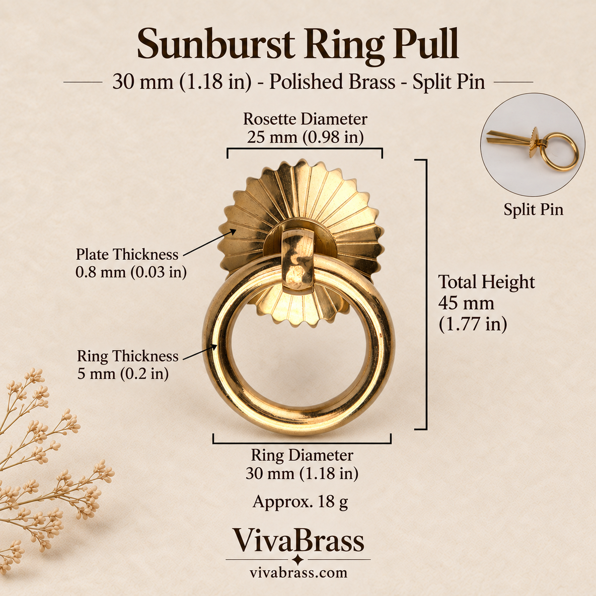 Sunburst 30 mm - Polished Brass - Split Pin – solid brass ring pull by VivaBrass