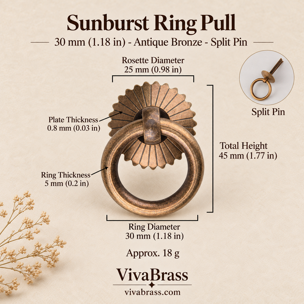 Sunburst 30 mm - Antique Bronze - Split Pin – solid brass ring pull by VivaBrass