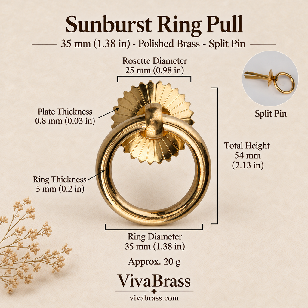 Sunburst 35 mm - Polished Brass - Split Pin – solid brass ring pull by VivaBrass