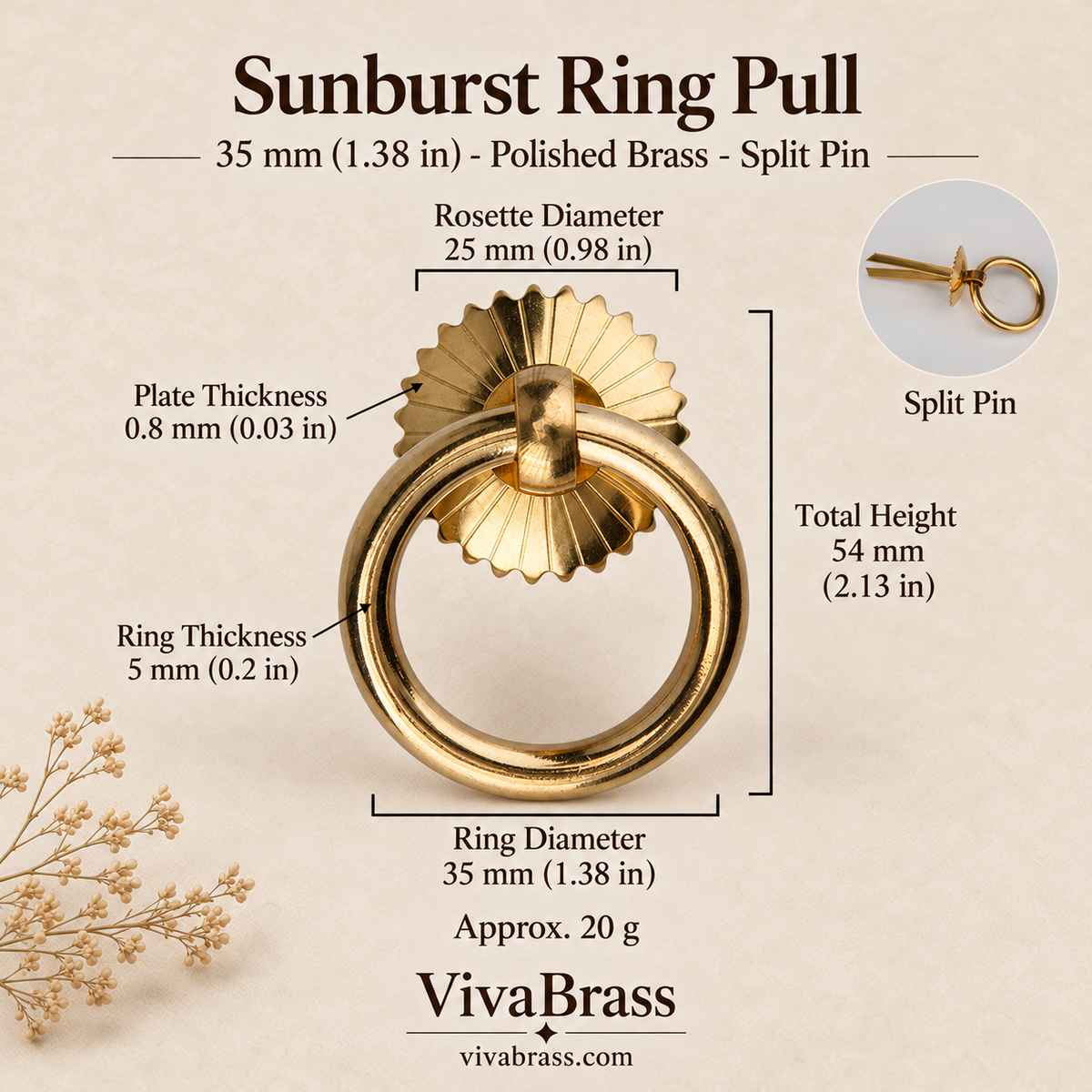 Sunburst 35 mm - Polished Brass - Split Pin – solid brass ring pull by VivaBrass