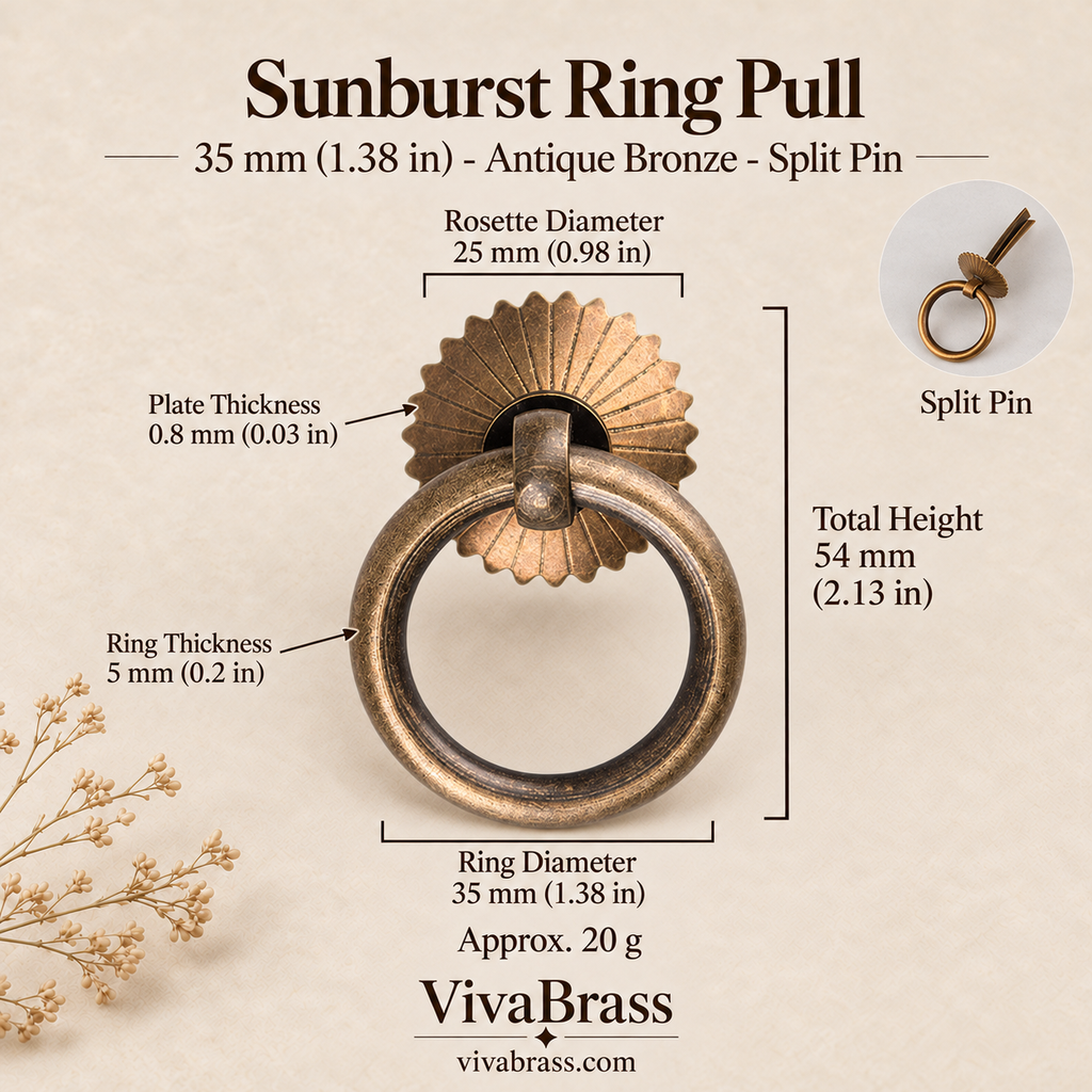Sunburst 35 mm - Antique Bronze - Split Pin – solid brass ring pull by VivaBrass