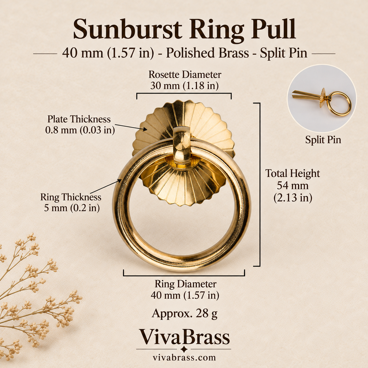 Sunburst 40 mm - Polished Brass - Split Pin – solid brass ring pull by VivaBrass