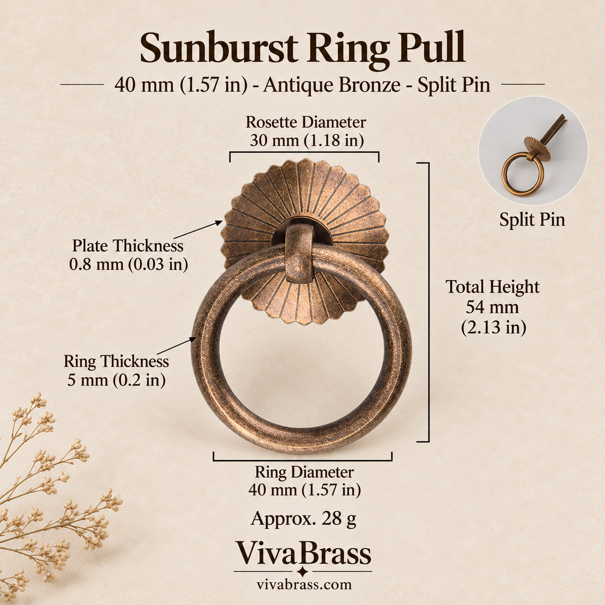 Sunburst 40 mm - Antique Bronze - Split Pin – solid brass ring pull by VivaBrass