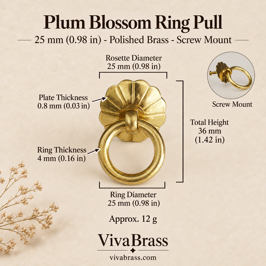 Plum Blossom 25 mm - Polished Brass - Screw Mount – solid brass ring pull by VivaBrass