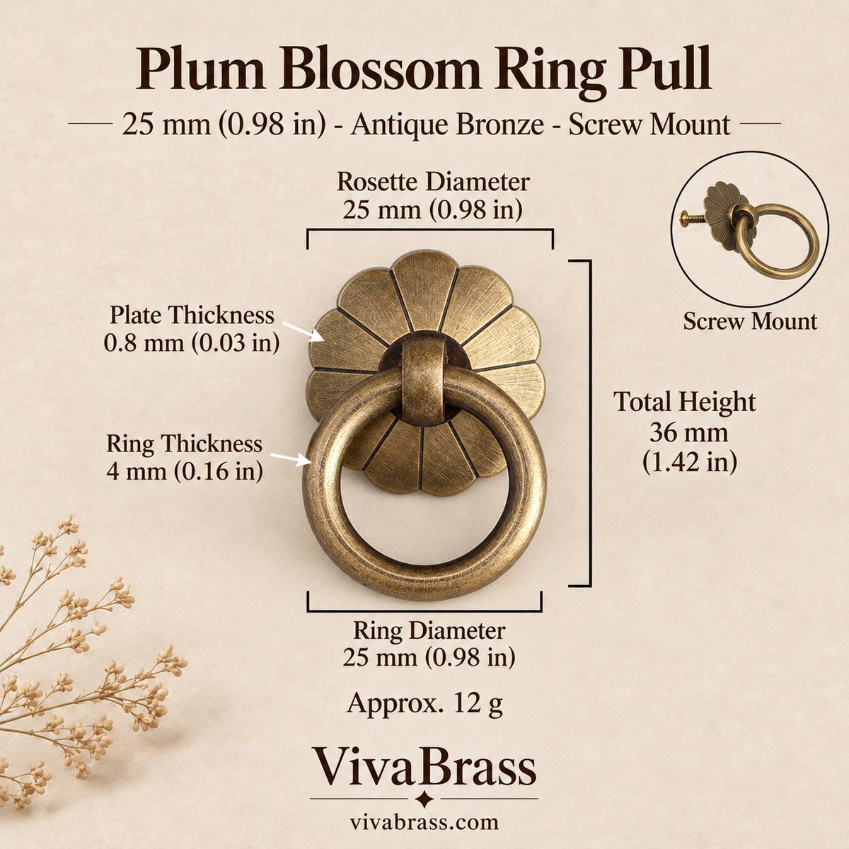 Plum Blossom 25 mm - Antique Bronze - Screw Mount – solid brass ring pull by VivaBrass