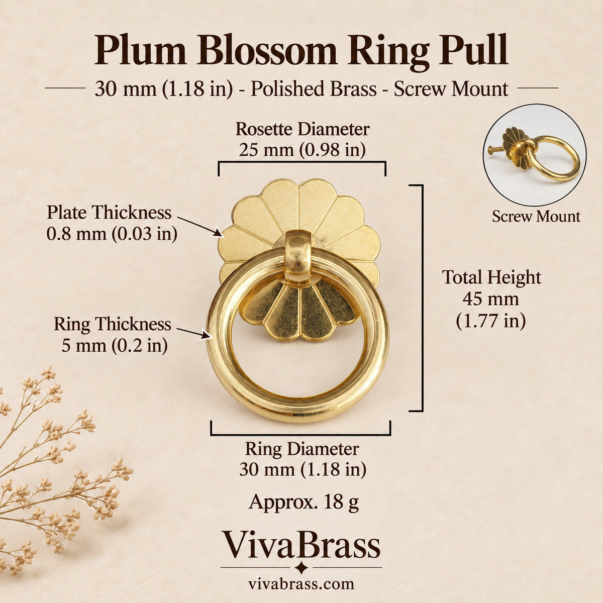 Plum Blossom 30 mm - Polished Brass - Screw Mount – solid brass ring pull by VivaBrass