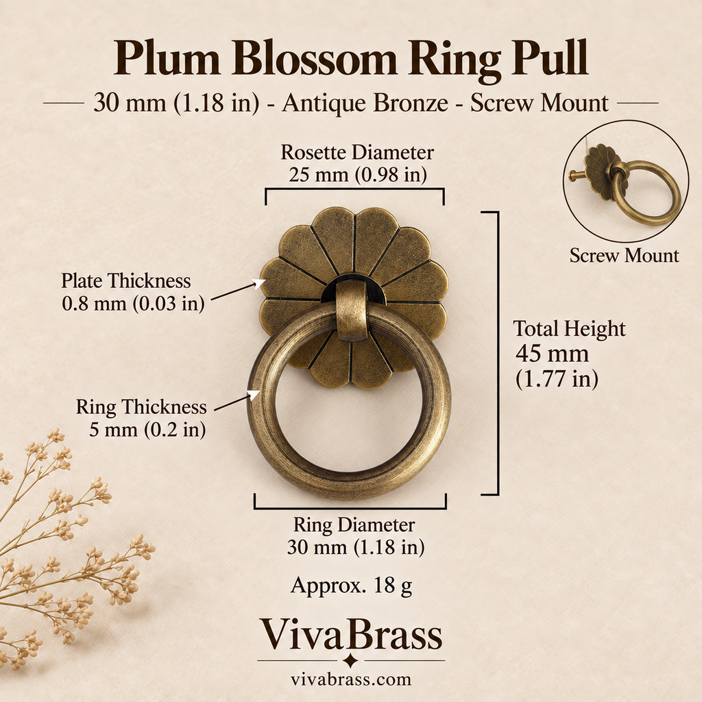 Plum Blossom 30 mm - Antique Bronze - Screw Mount – solid brass ring pull by VivaBrass