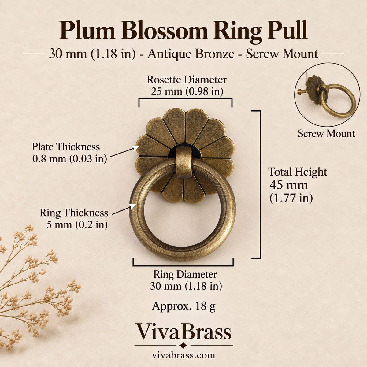 Plum Blossom 30 mm - Antique Bronze - Screw Mount – solid brass ring pull by VivaBrass