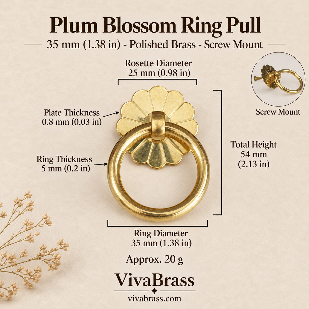 Plum Blossom 35 mm - Polished Brass - Screw Mount – solid brass ring pull by VivaBrass
